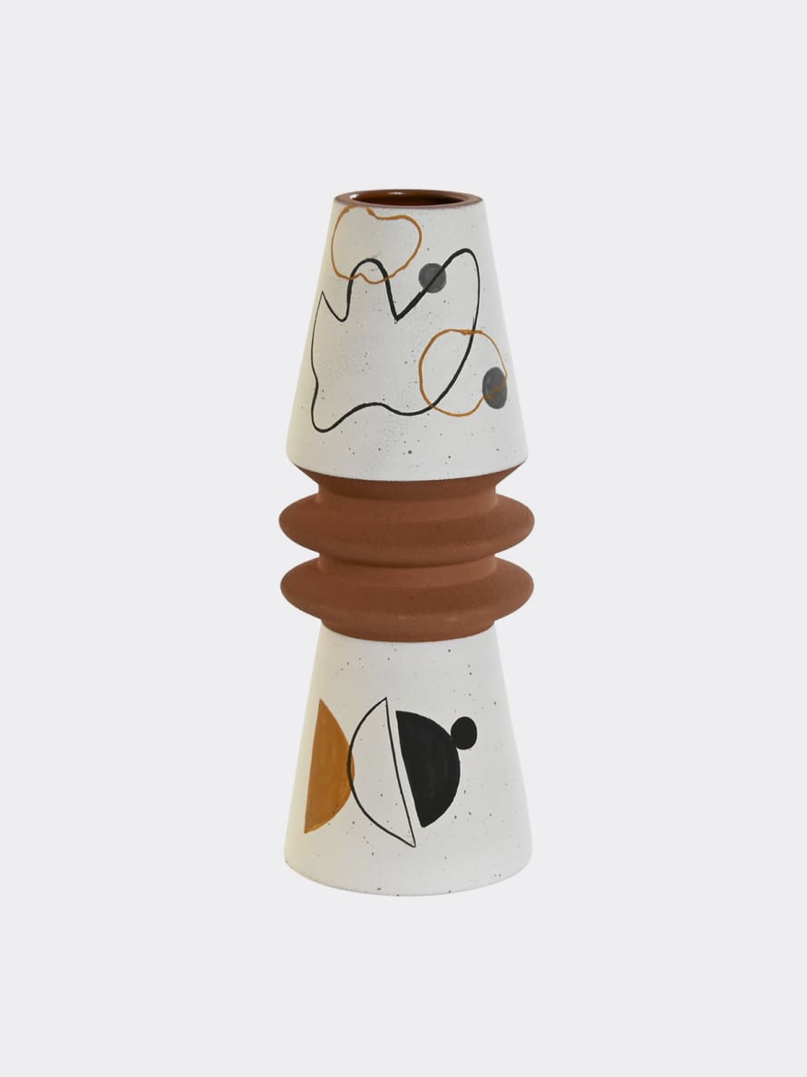 Pura Cal White Ceramic Vase with Abstract Motifs for Flowers