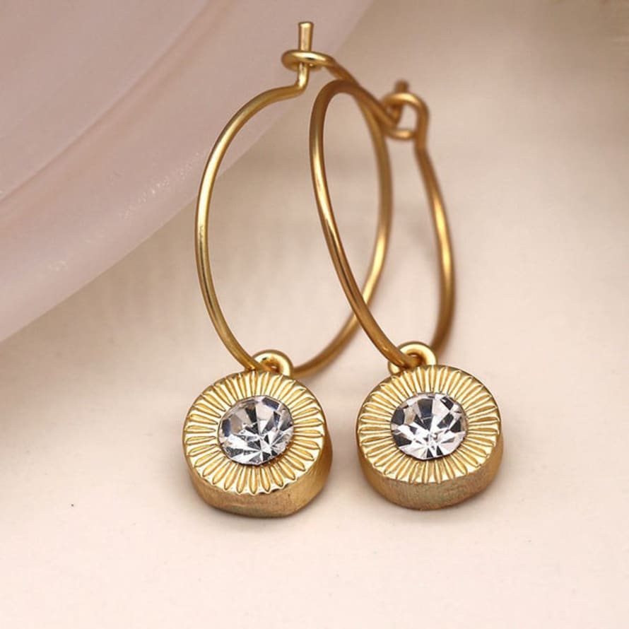 Peace of Mind Earrings - Golden Hoop with Round Crystal Drop