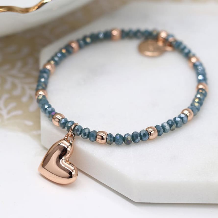 Peace of Mind Bracelet - Stretch Rose Gold Heart & Blue Beads