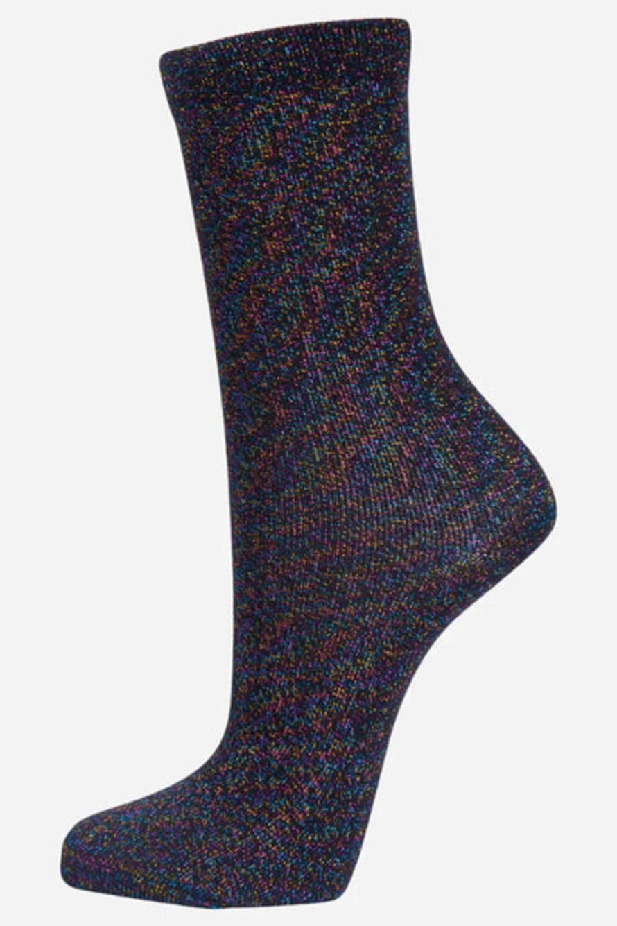 Miss Shorthair Ltd Miss Shorthair 4898bra Womens Black Glitter Socks Rainbow Shimmer Sparkly Ankle Socks