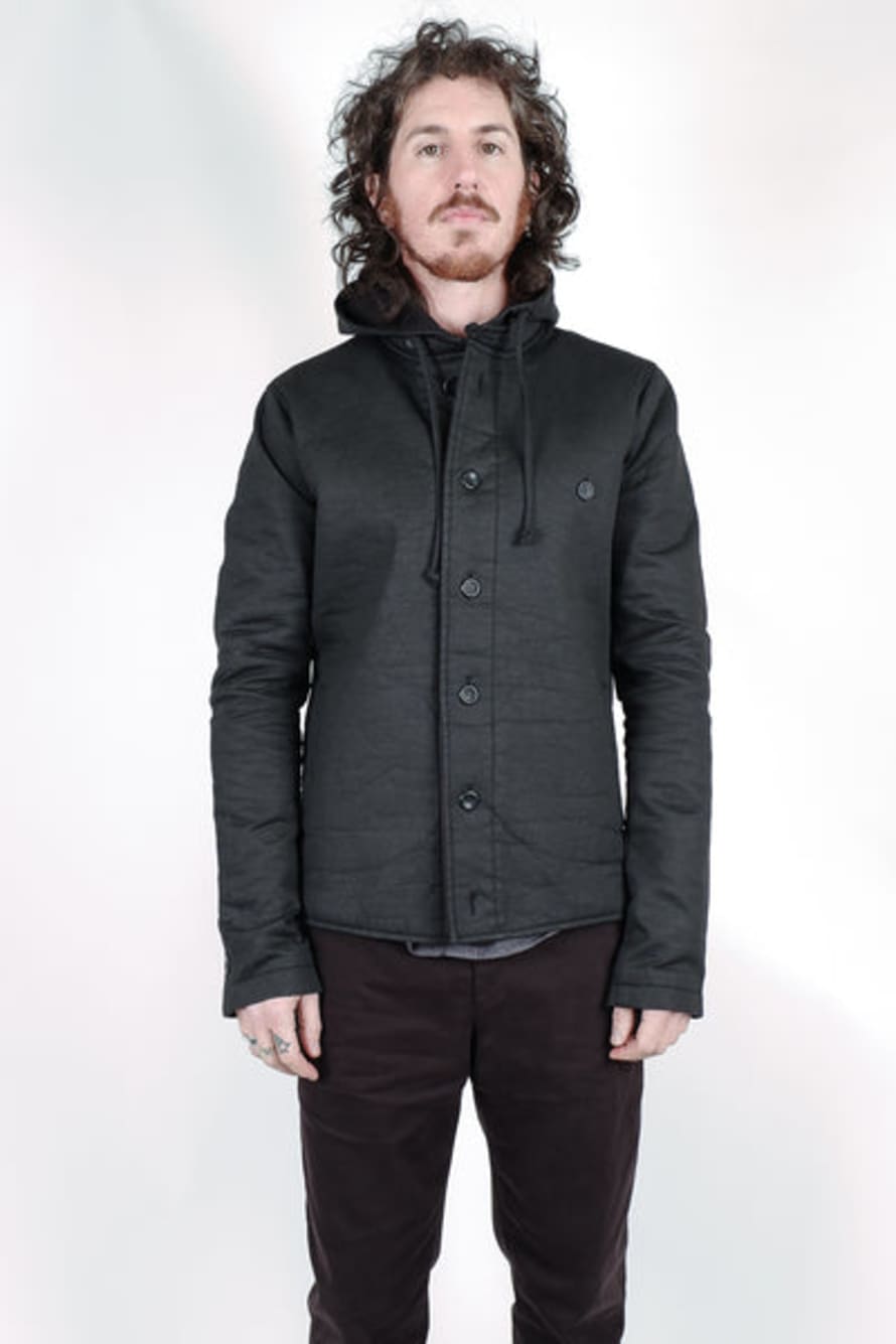 Hannes Roether Waxed Cotton Button Up Hoodie Black