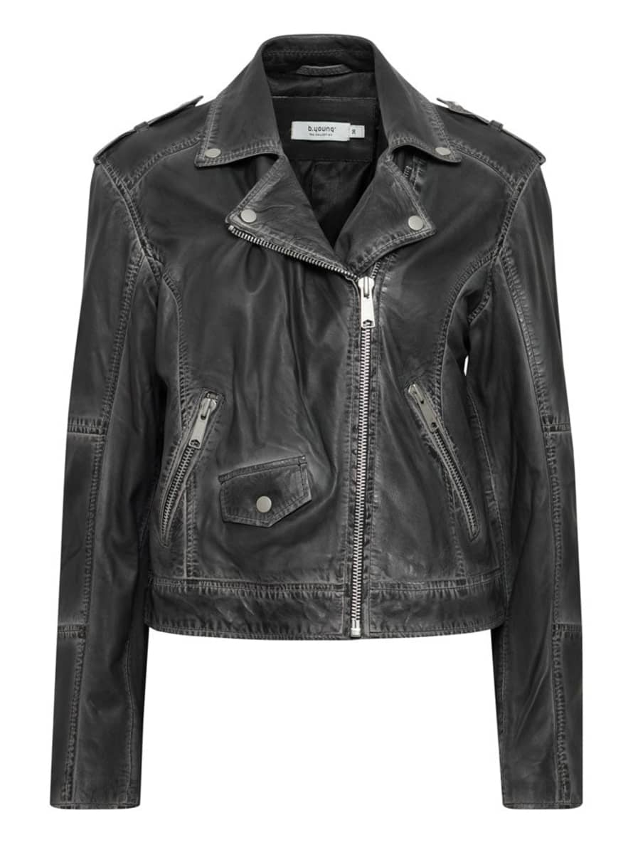 b.young Bydenno Leather Biker Jacket Grey