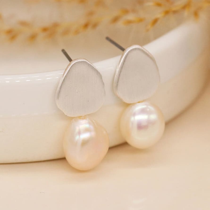 POM Boutique Organic Teardrop Earrings With Freshwater Pearls | Brushed Silver Plated