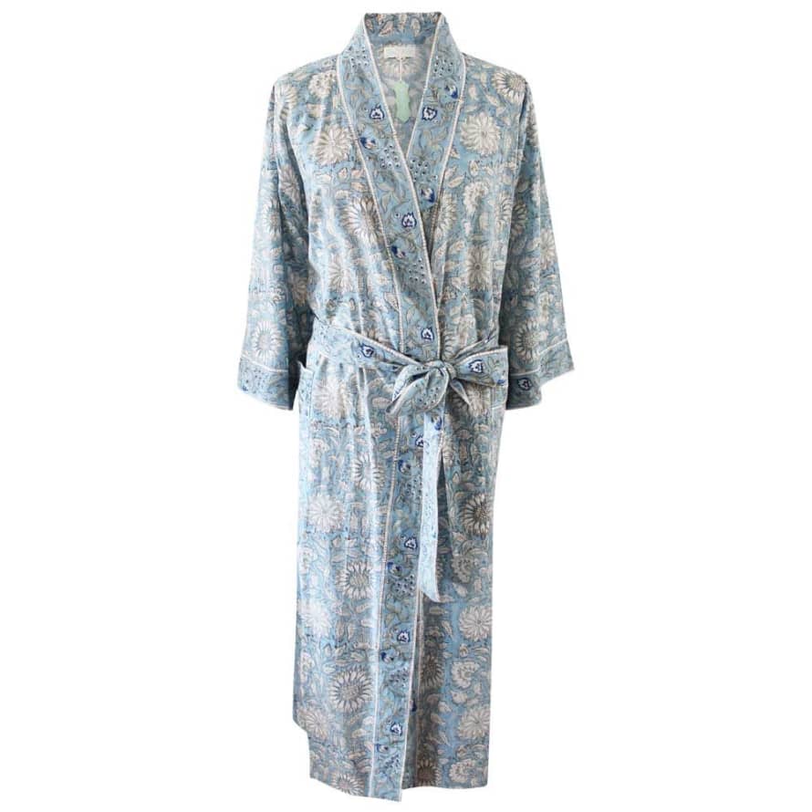 Powell Craft Block Printed Blue Cornflower Cotton Dressing Gown