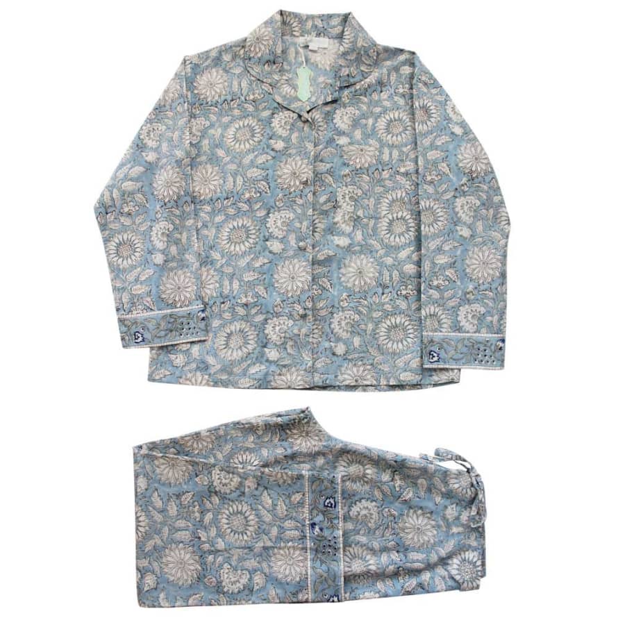 Powell Craft Block Printed Blue Cornflower Cotton Pyjamas