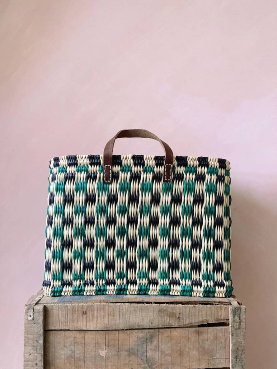 Bohemia Designs Chequered Reed Basket - Large - Indigo and Green
