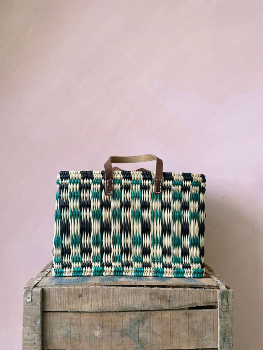 Bohemia Designs Chequered Reed Basket - Medium - Indigo and Green