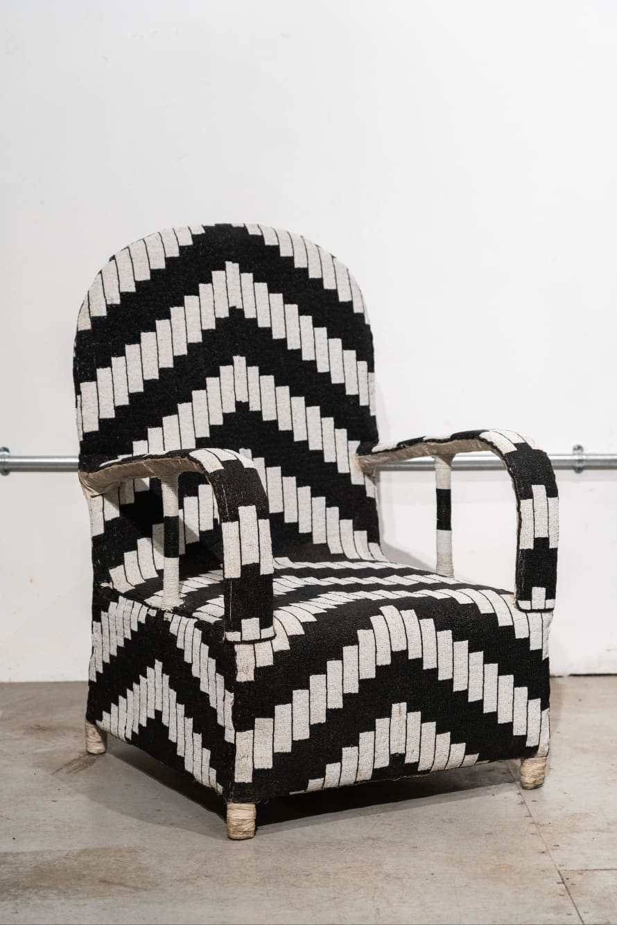 botanicalboysuk Yoruba Royal Beaded Chair Geometric Black and White
