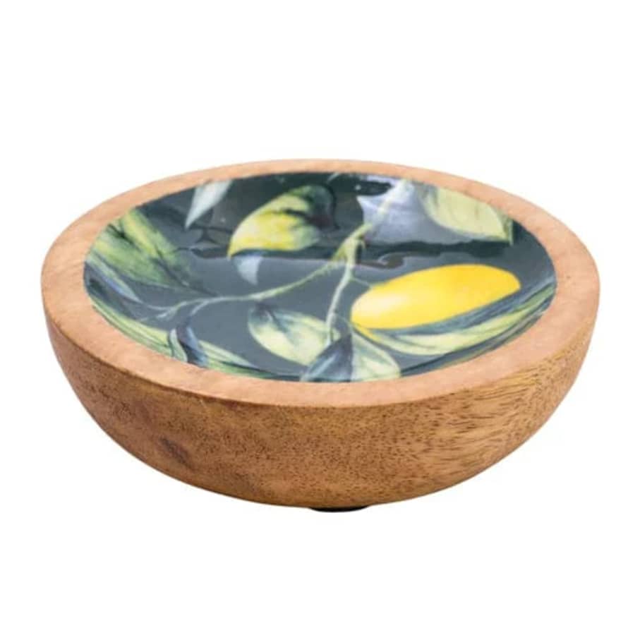 Lemon & Leaves 13cm Mango Wooden Bowl With Green Inlay