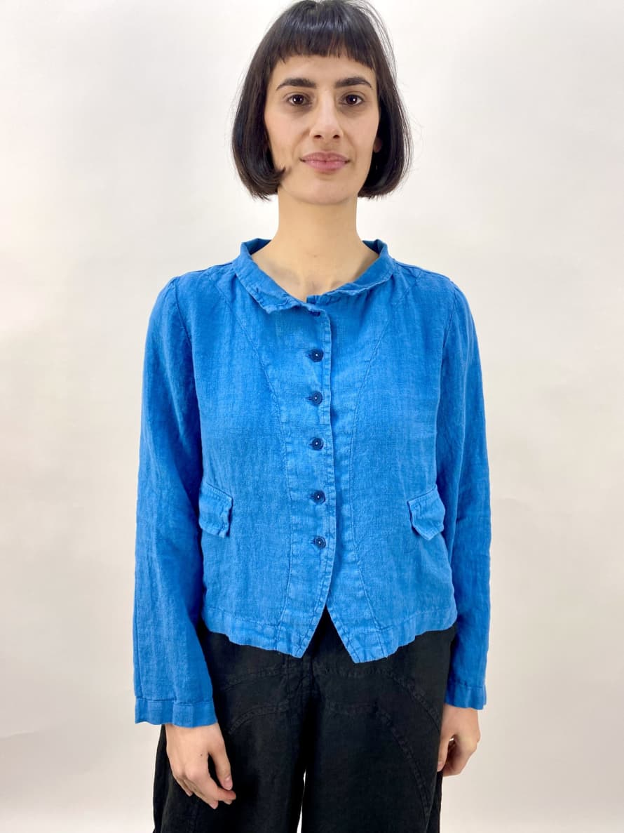 Grizas Linen Jacket with Stand Up Collar In Teal