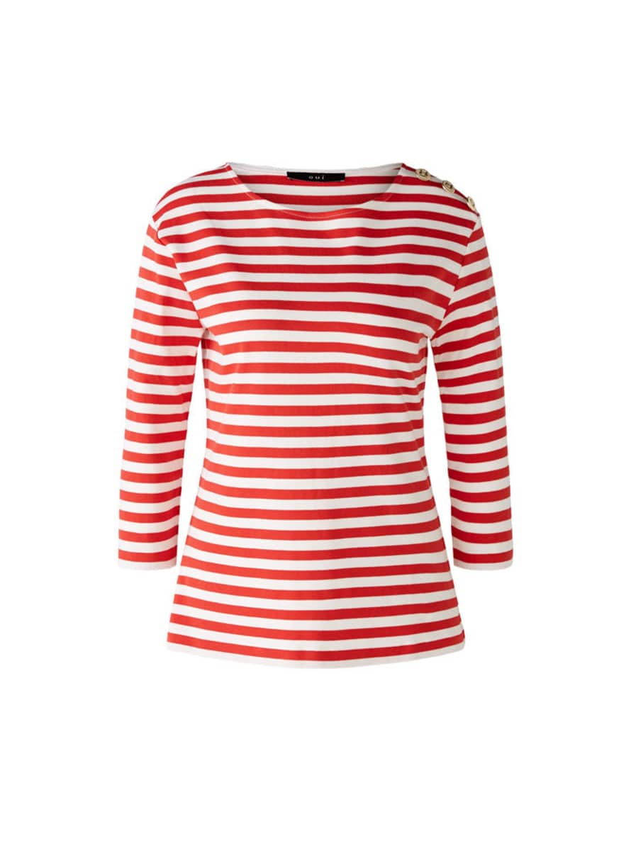 Oui Striped Long Sleeve T-shirt Red & White