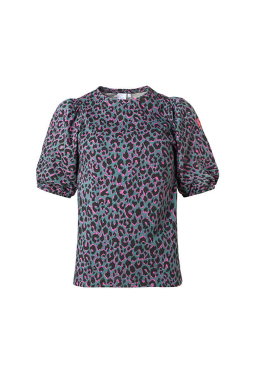 Scamp & Dude : Green With Pink And Black Shadow Leopard Puff Sleeve T-shirt