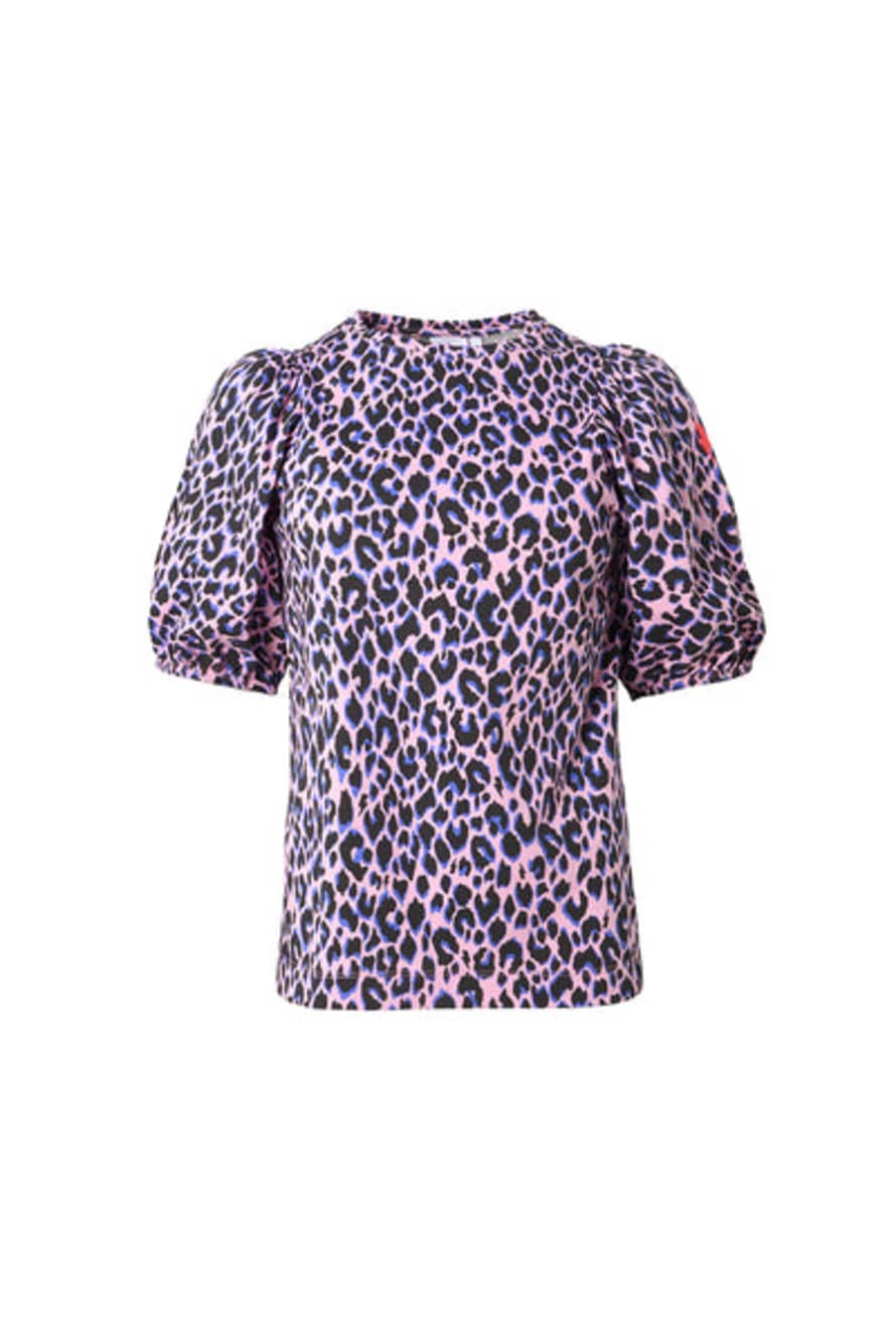 Scamp & Dude : Pink With Blue And Black Shadow Leopard Puff Sleeve T-shirt
