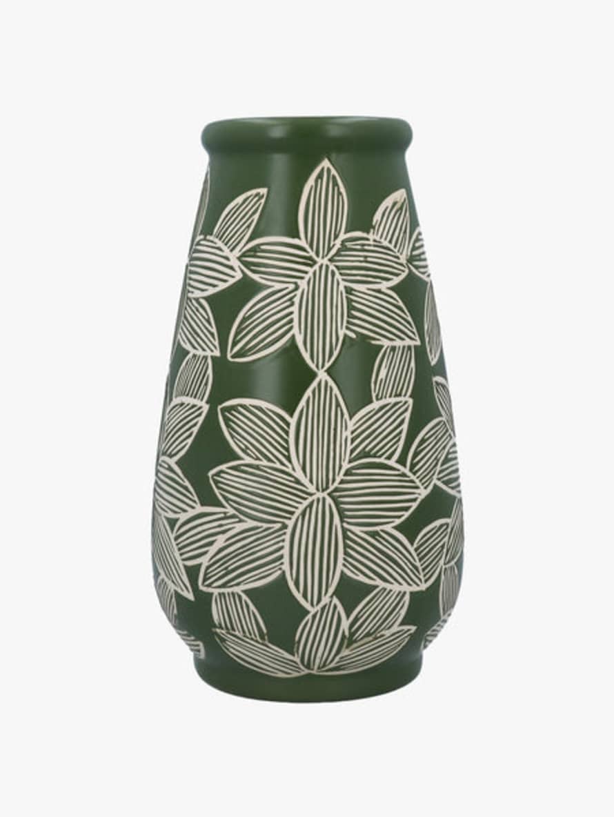 Gisela Graham Green Etched Flowers Stoneware Vase