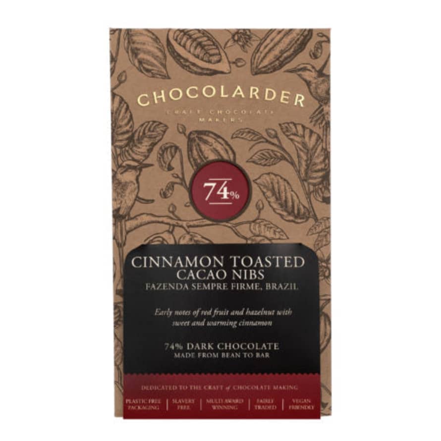 Chocolarder Cinnamon Toasted Nibbed Cacao 74% Dark Chocolate Bar