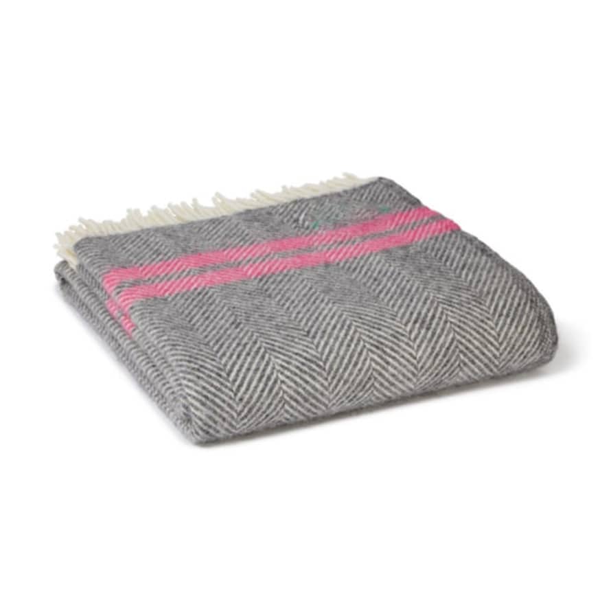 Tweedmill Pure New Wool Throw In Slate And Pink French Stripe