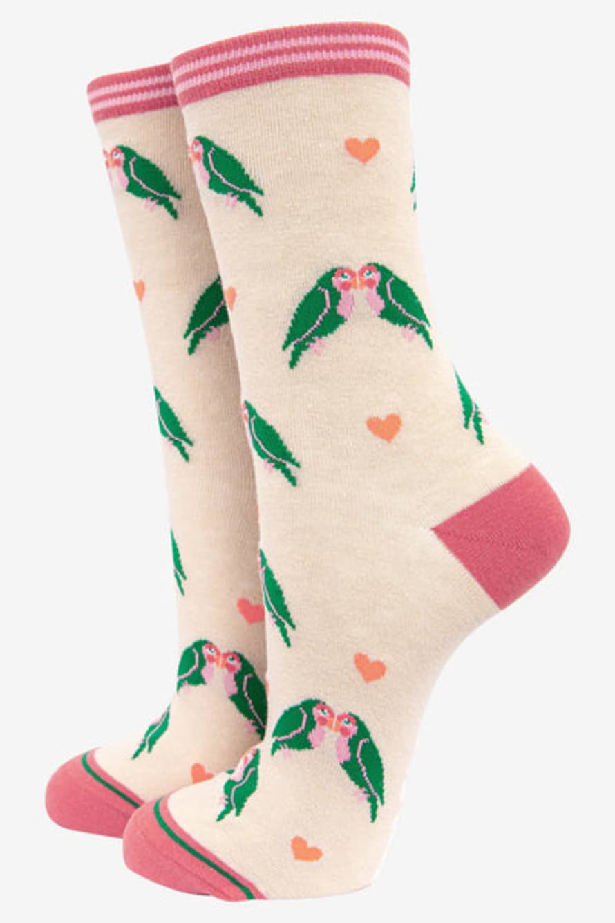 Miss Shorthair Sock Talk - Women's Bamboo Socks | Cream & Green Lovebird