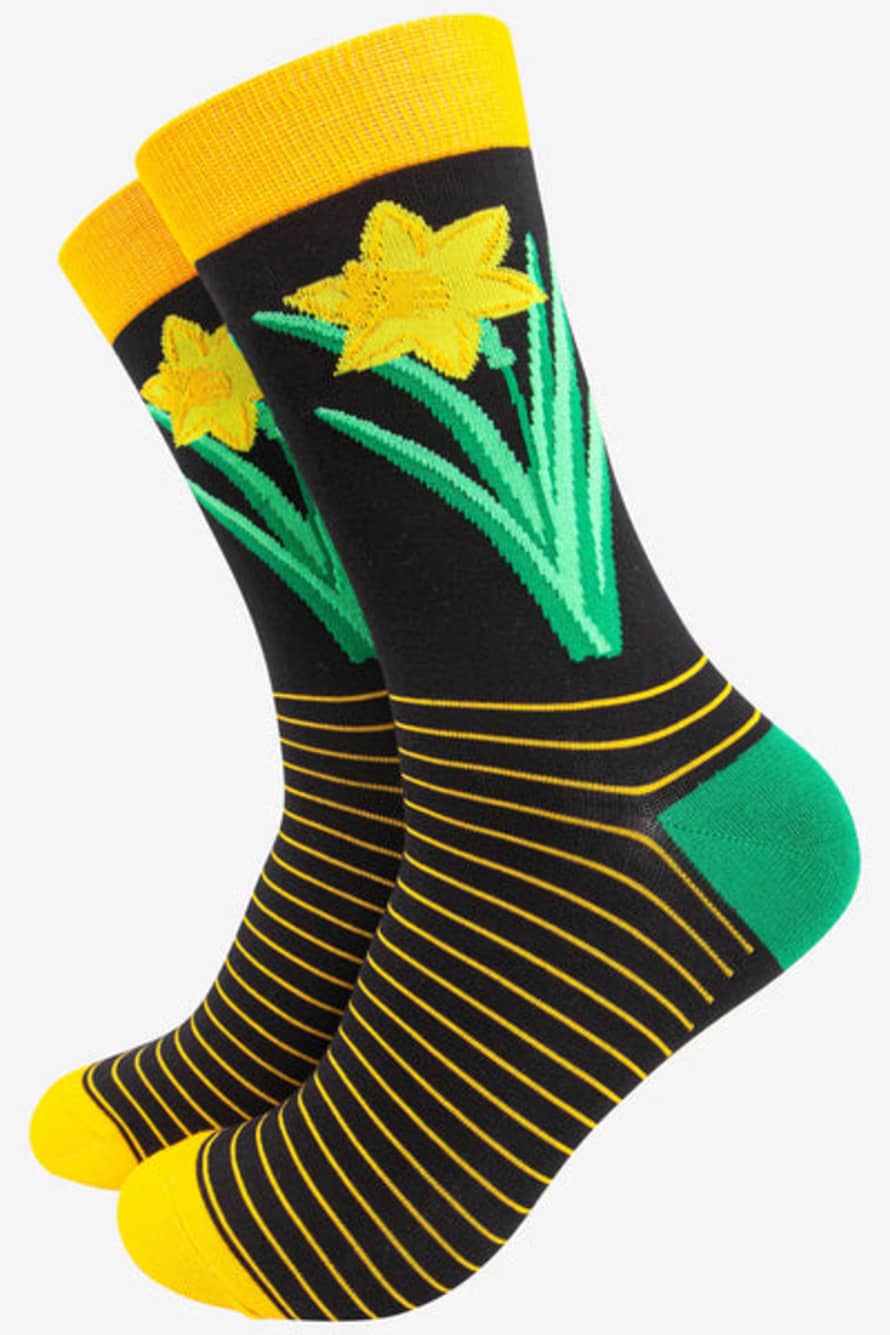Miss Shorthair Sock Talk - Men's Bamboo Socks | Black & Yellow Welsh Daffodil