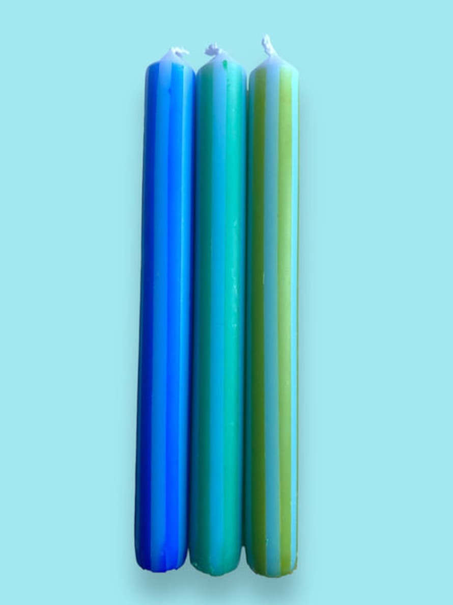 The Colour Emporium Blue Pinstripes Dip Dye Dinner Candles Trio