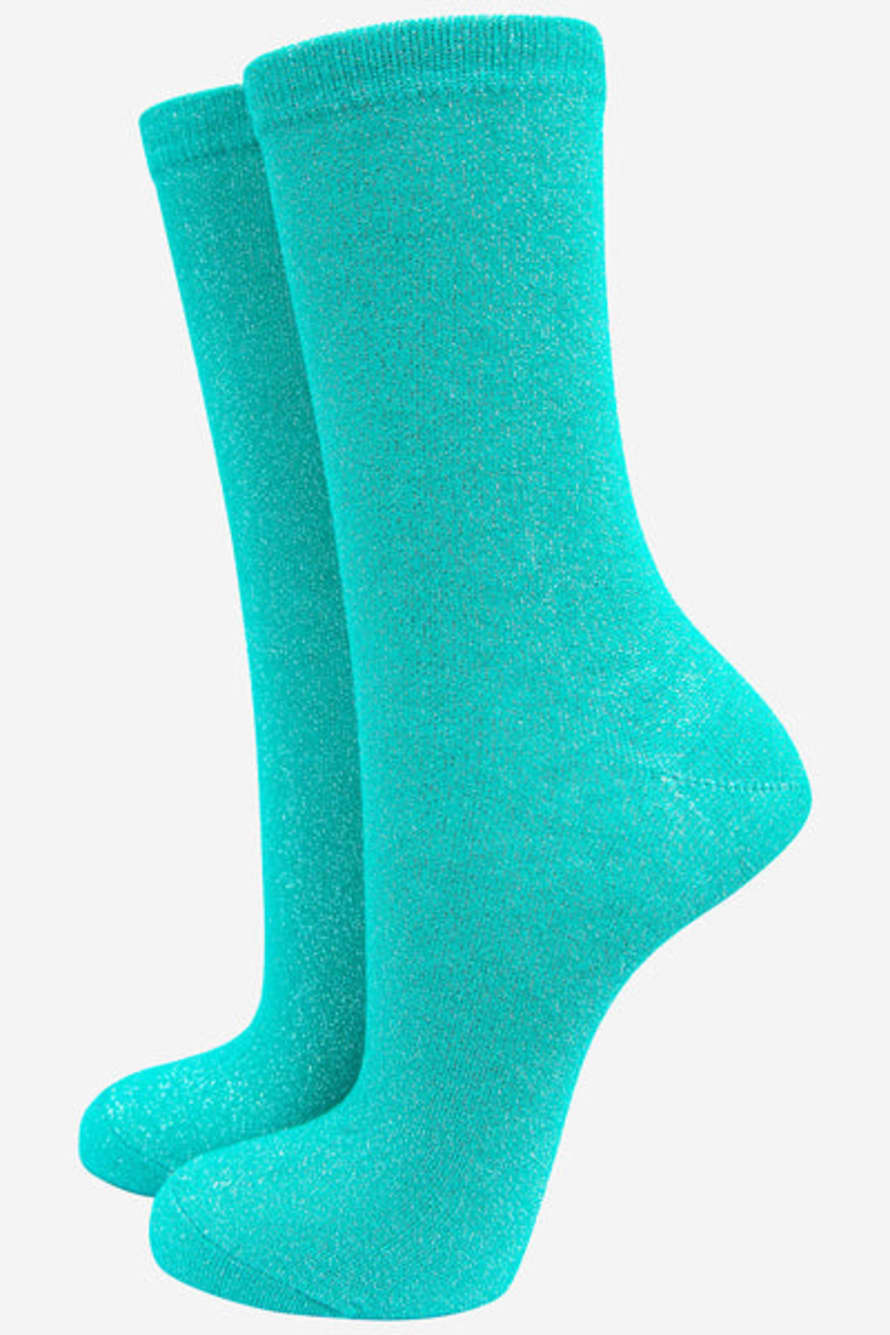 Miss Shorthair Turquoise Cotton Glitter Ankle Socks