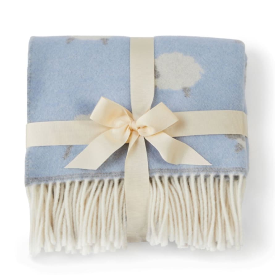 Tweedmill Textiles Blue Merino Lambswool Baby Blanket with Sheep Design
