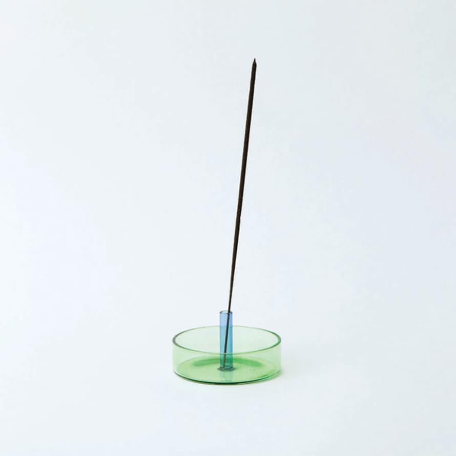 Block Design - Duo Tone Glass Incense Holder - Green / Blue