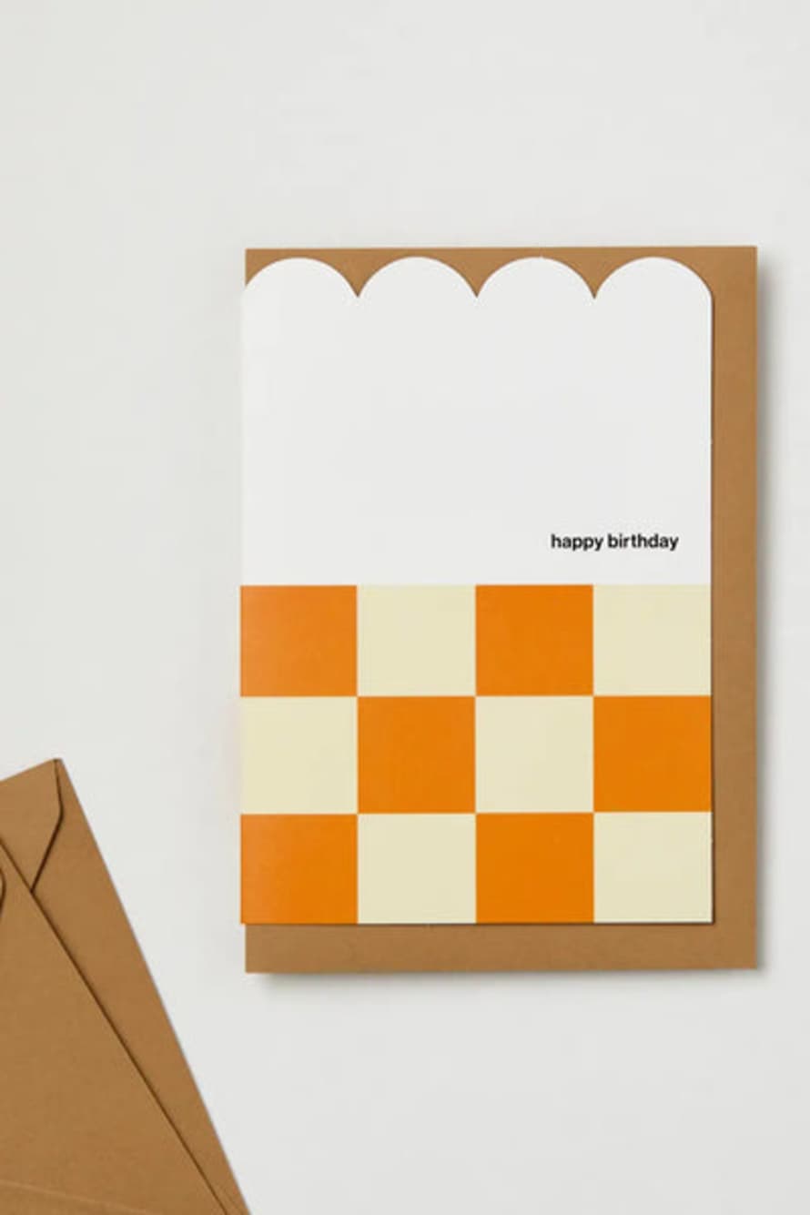 Kinshipped Scallop Happy Birthday Yellow Checkerboard Card