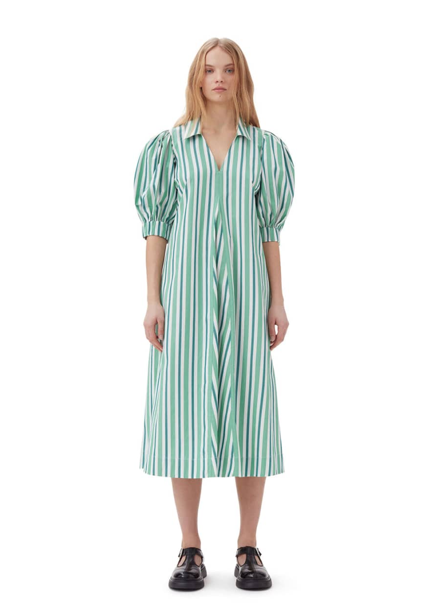 Ganni Striped Cotton Collar Long Dress - Green