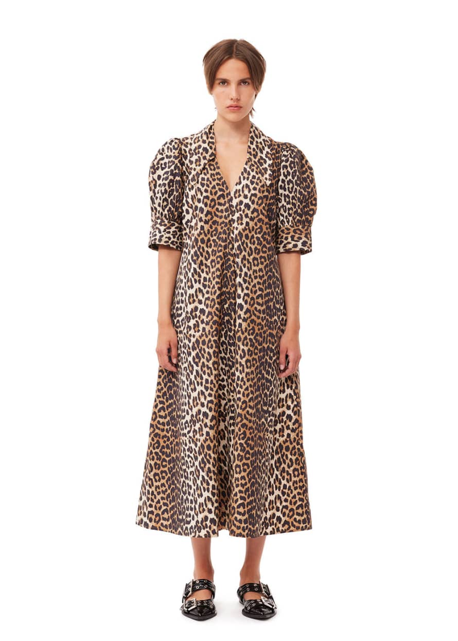 Ganni Cotton Poplin V-neck Maxi Dress - Leopard