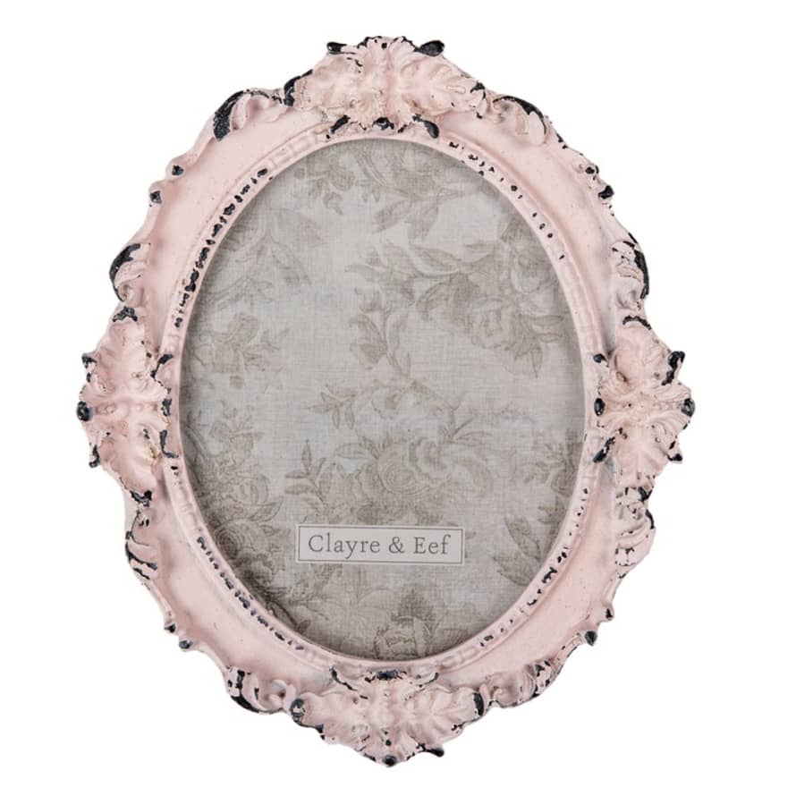 clayre & Eef Photo Frame 12x15 cm Pale Pink Polyresin Flowers Oval Picture Frame