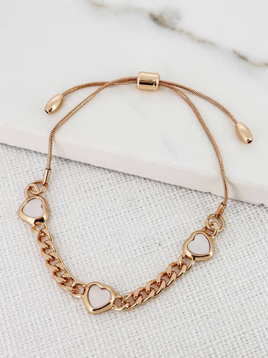 Envy Adjustable Gold Bracelet with White Hearts