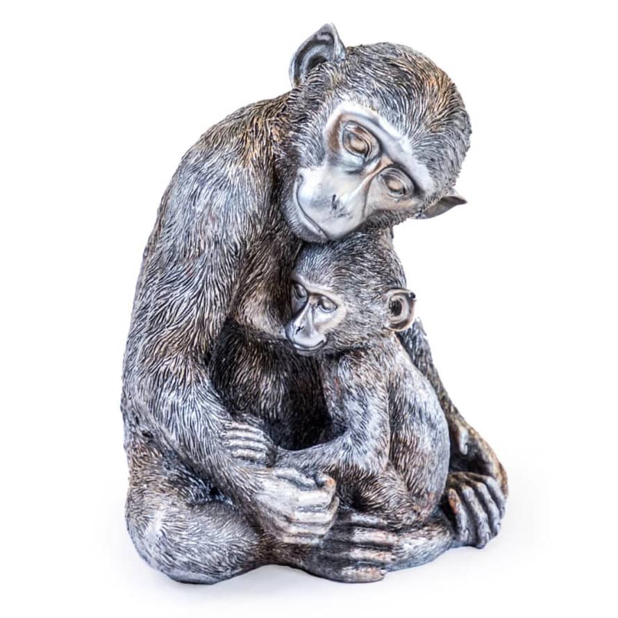 &Quirky Antique Silver Effect Monkey with Baby Figure