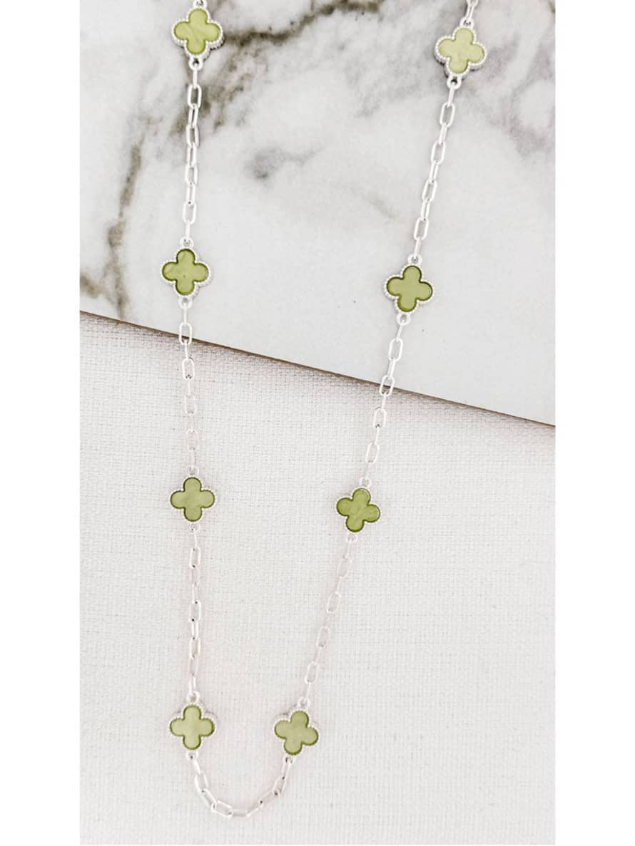 Envy Long Silver Necklace with Pale Green Clovers
