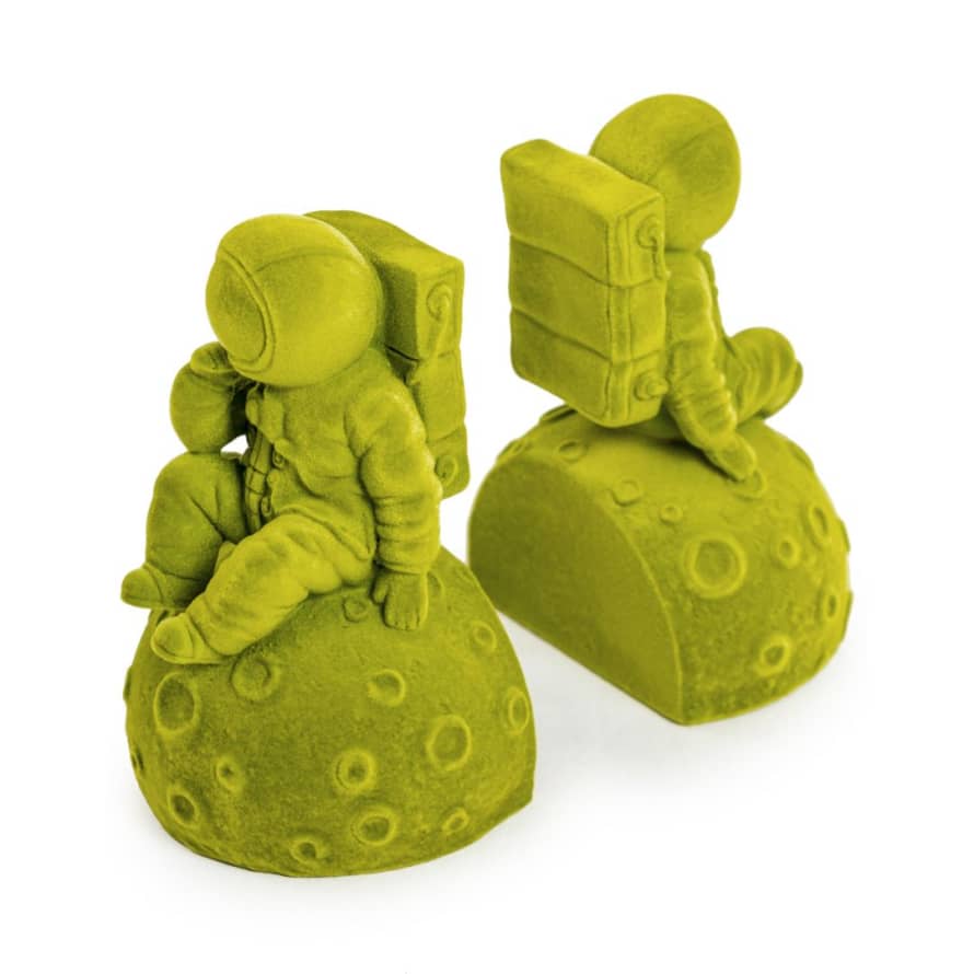 &Quirky Pair of Olive Green Flocked Astronaut Bookends