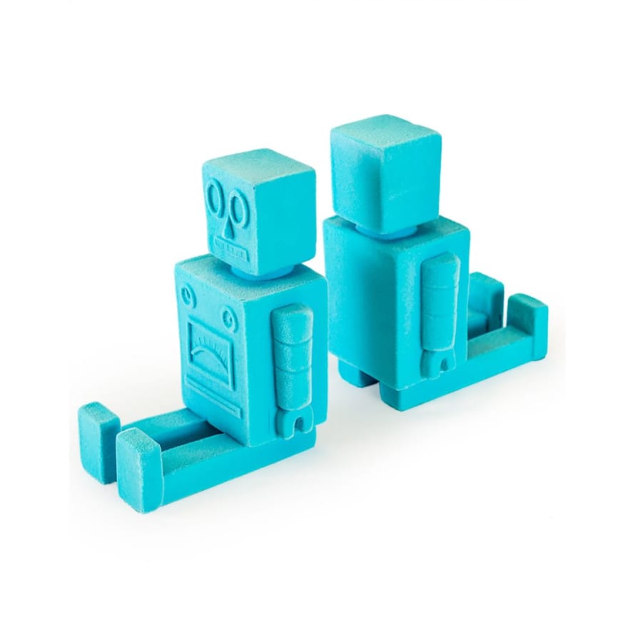 &Quirky Blue Robot Flocked Pair of Bookends