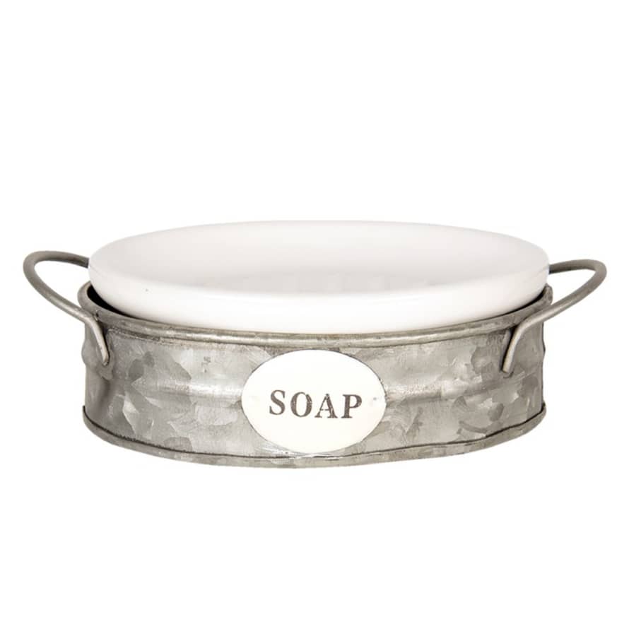 clayre & Eef Soap Dish 16x11x6 cm White and Grey Metal Oval