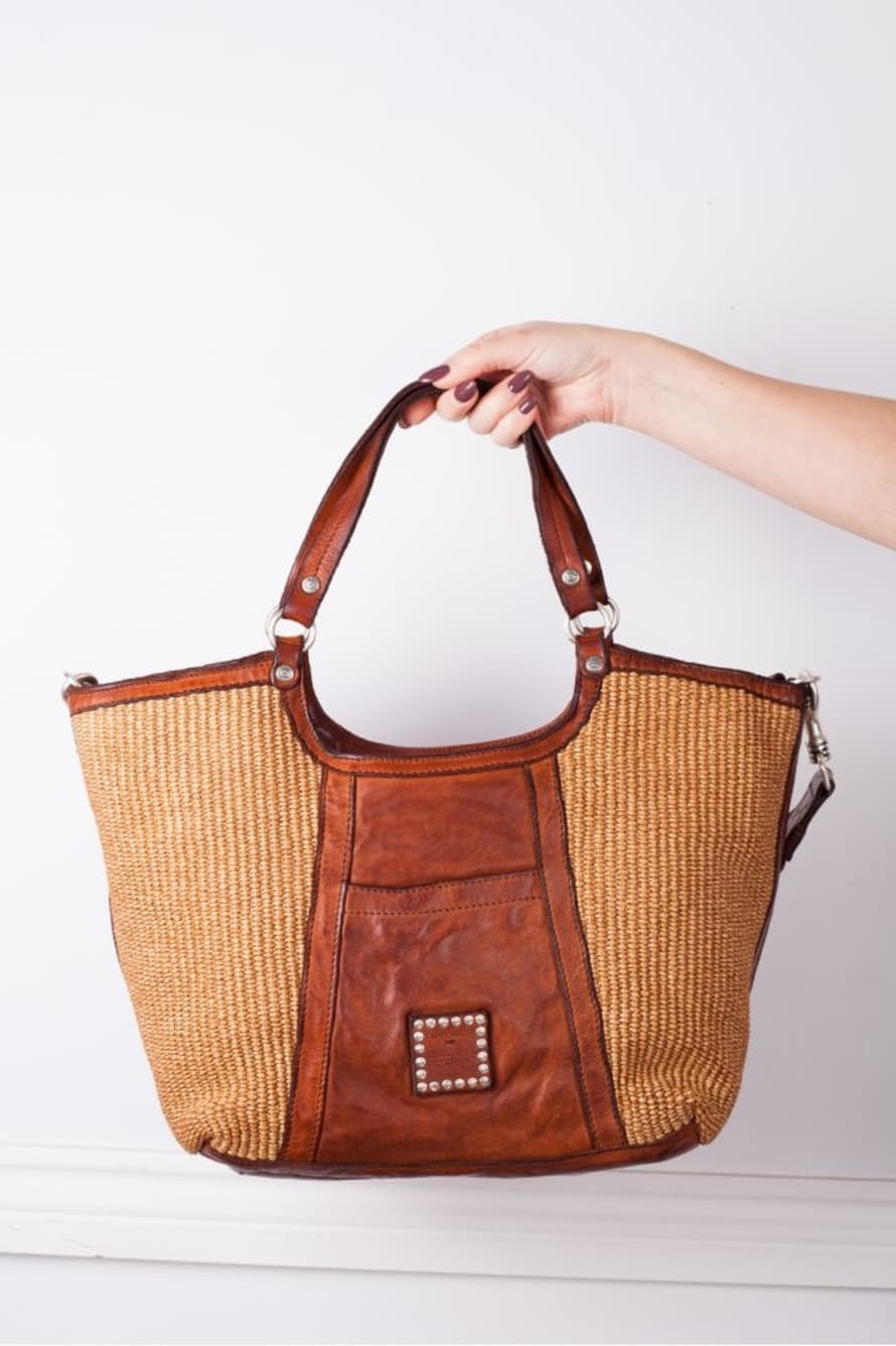 Campomaggi Shopping Bag Cowhide And Straw In Cognac