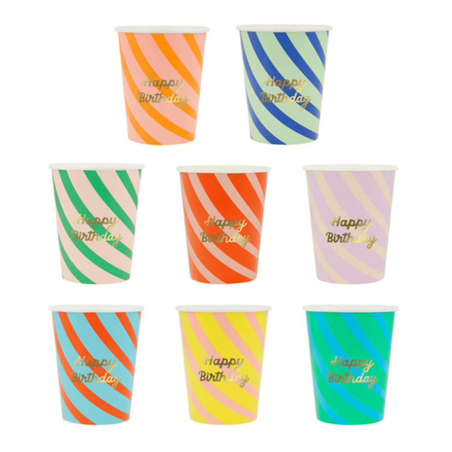Meri Meri Stripe Happy Birthday Cups (x 8)