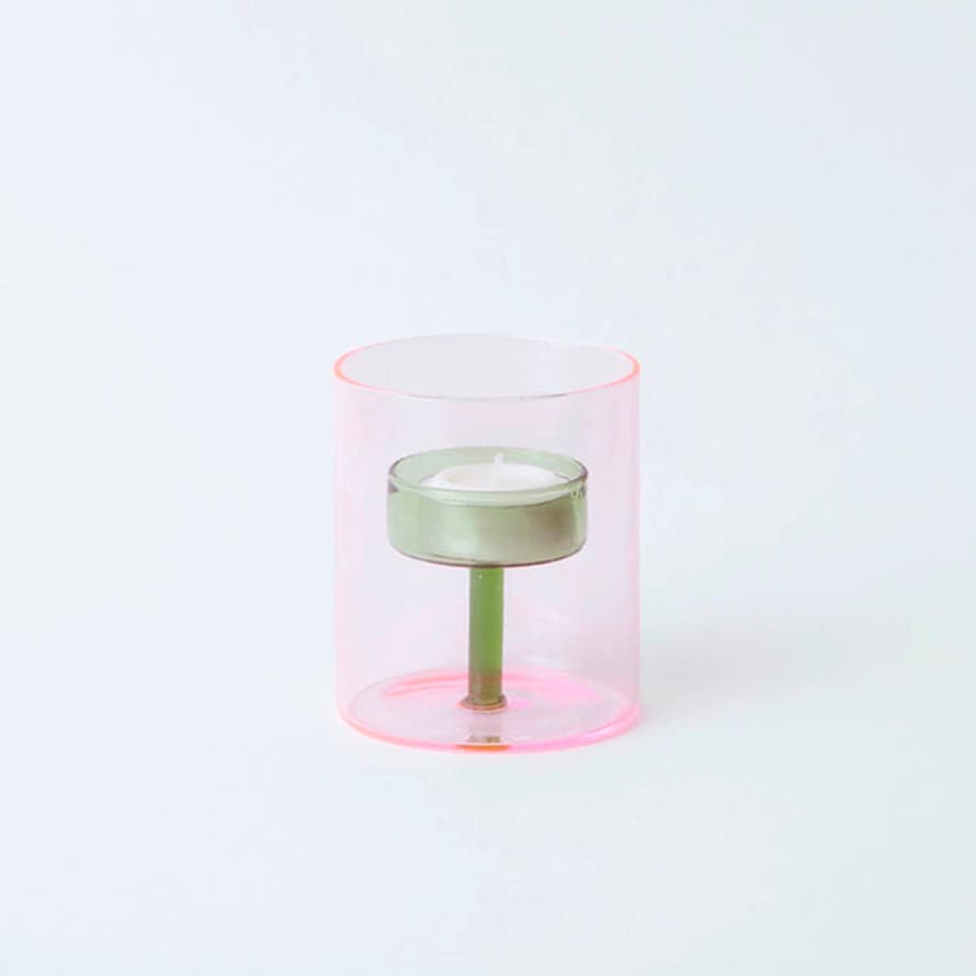 Block Design Duo Tone Glass Tealight Holder - Pink & Green