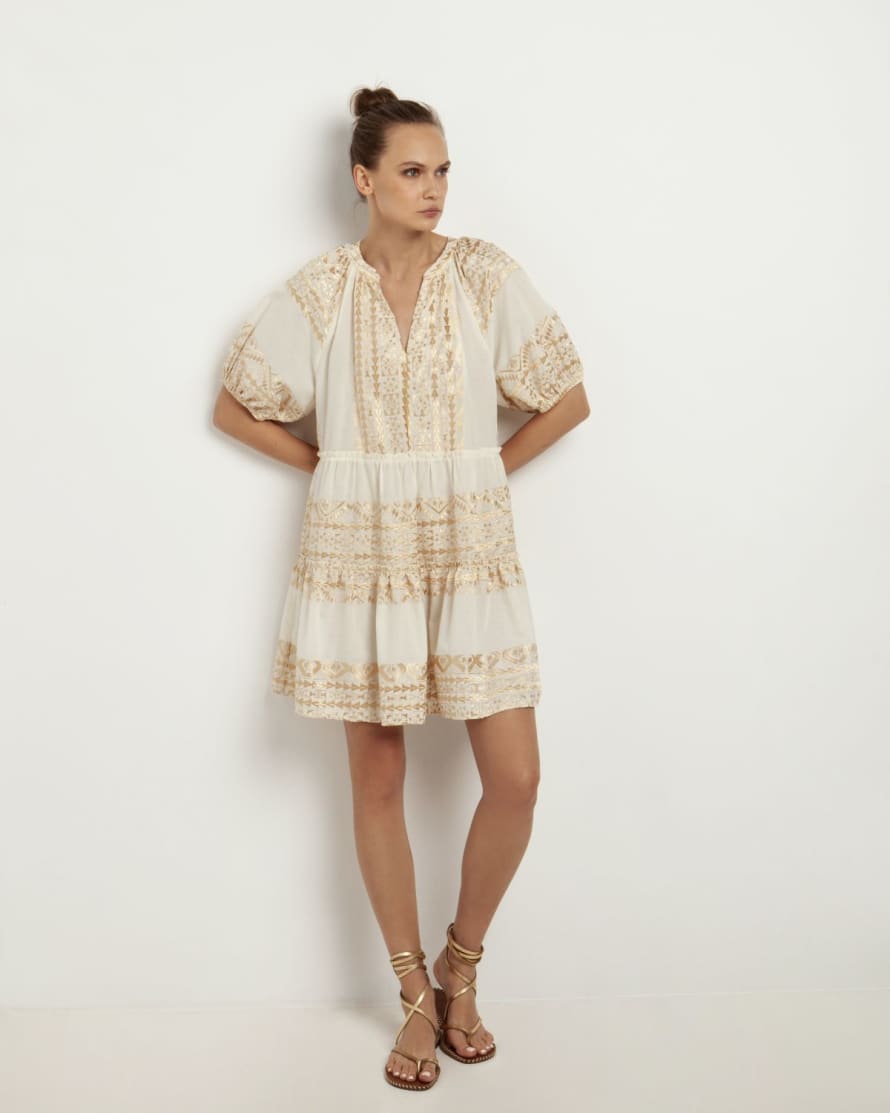 Greek Archaic Kori Greek Archaic Kori 2024 All Over Old Puff Sleeve Short Dress In White And Gold