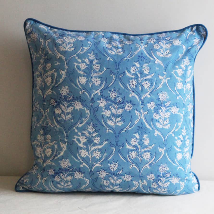 Aryas World 'vine Leaf' Blue Block Print Cotton Cushion Cover With Piping, 50 X 50 Cm