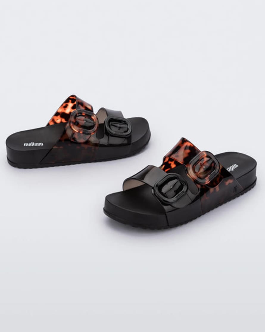 Melissa Shoes Cozy Buckled Sliders In Black & Tortoise Shell