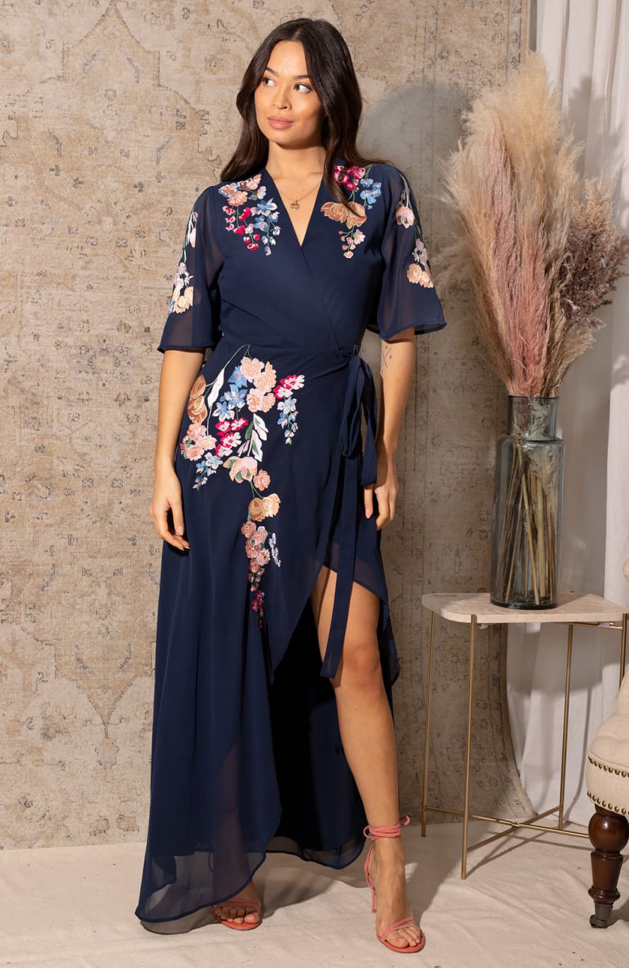 Eva Lucia Hope & Ivy-the Gisela Embroidered Flutter Sleeve Maxi Wrap Dress With Tie Waist