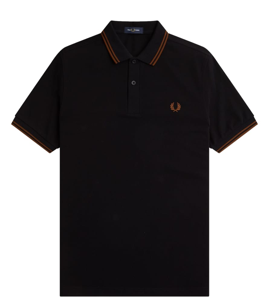 Fred Perry Slim Fit Twin Tipped Polo Black & Whiskey Brown
