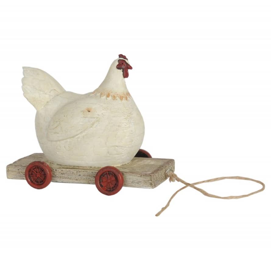 clayre & Eef Figurine Chicken on Wheeled Base. White Polyresin 14x6x11 cm