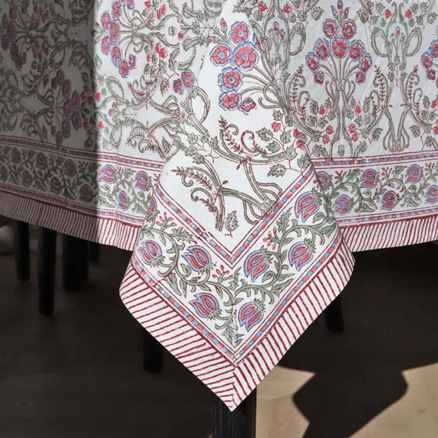 Indienne Cotton Hand Block Printed Tablecloth In Lavender, Pink And Green Floral