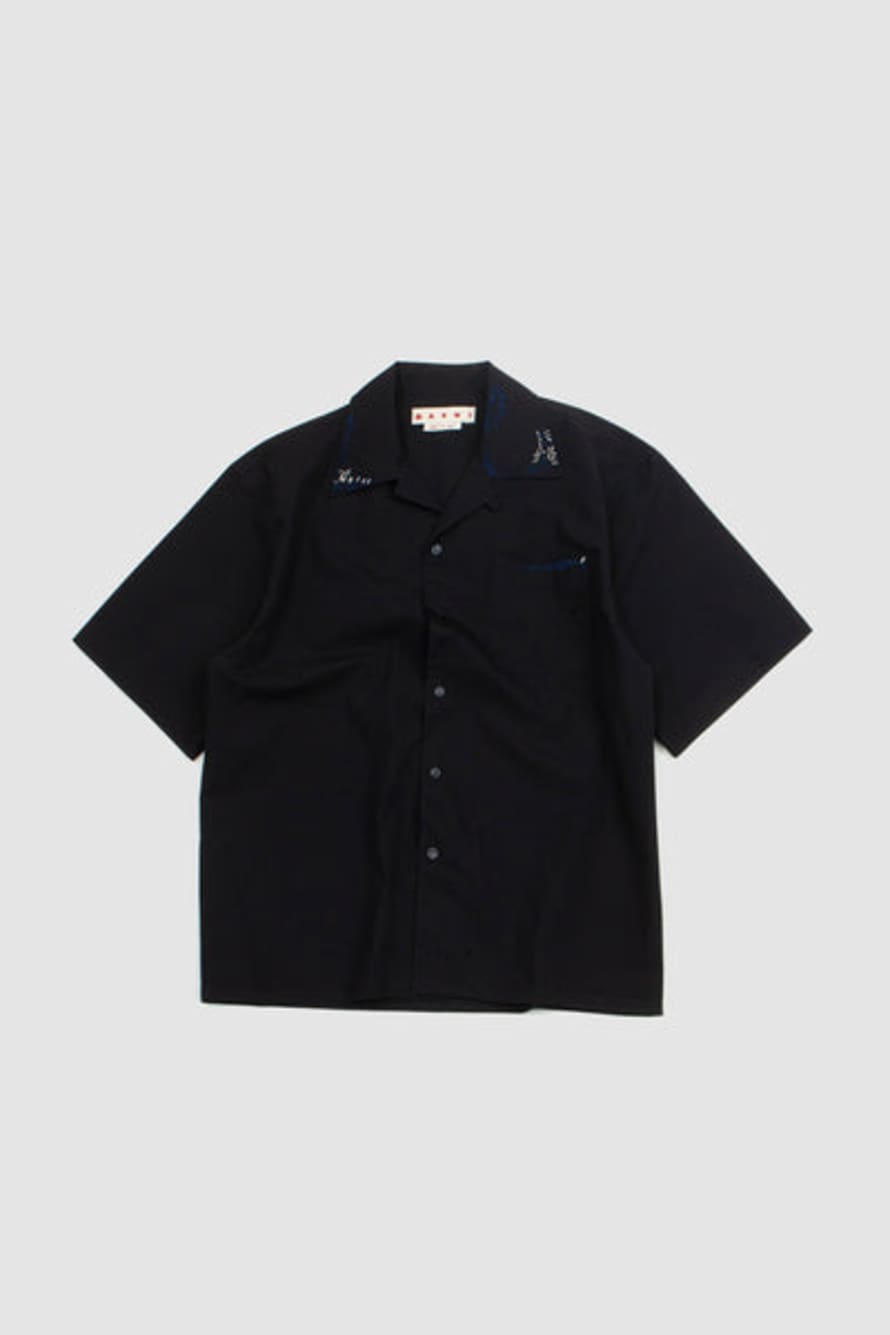Marni Cuban Collar Embroidery Shirt Organic Poplin Black