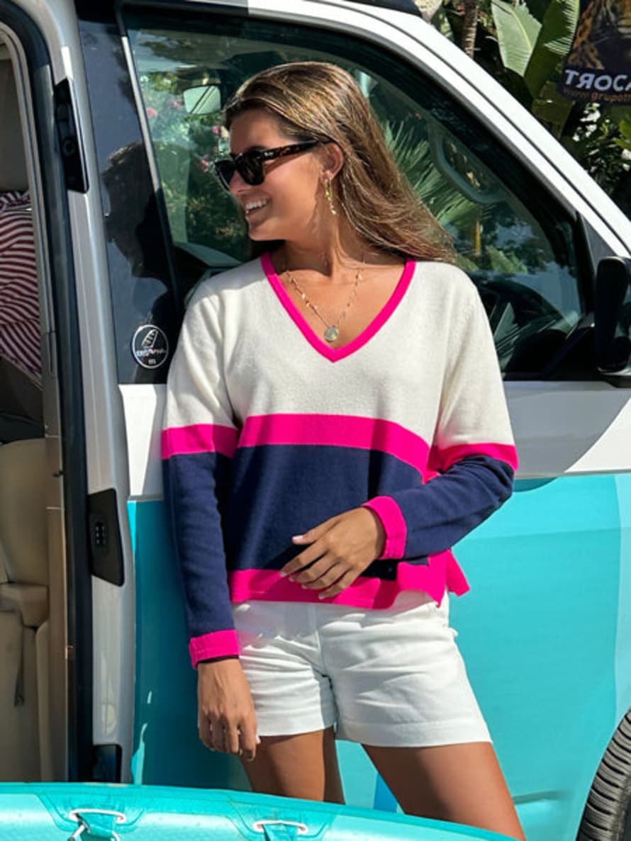 Vilagallo Knitwear Sweater Colour Block Ecru,navy & Pink