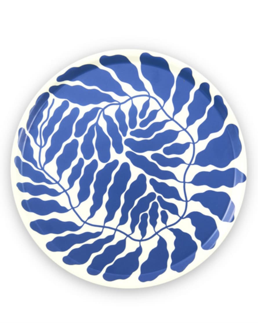 Wrap Blue Leaves Round Tray