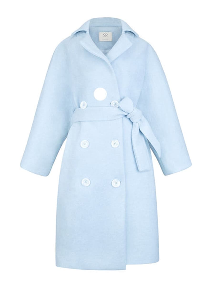 Cubic Double Breasted, Back Ruffled Long Coat - Pale Blue